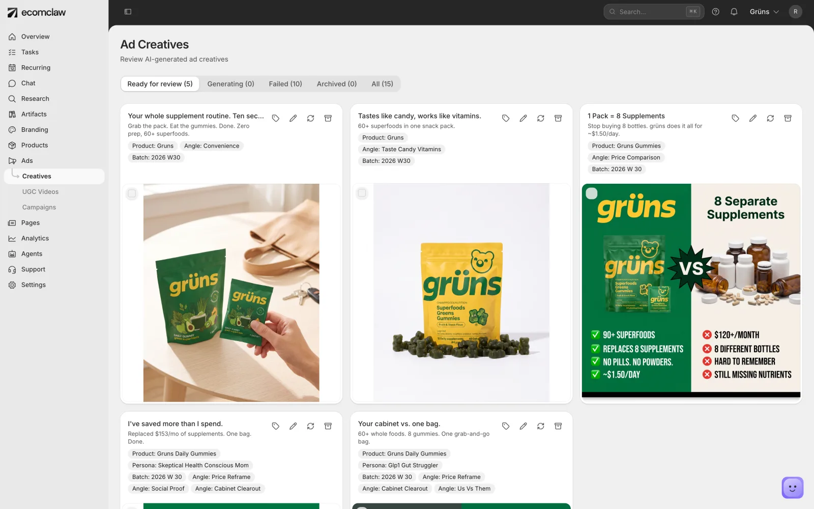 EcomClaw ad creatives page showing AI-generated static ads built from real product photos, ready for review.