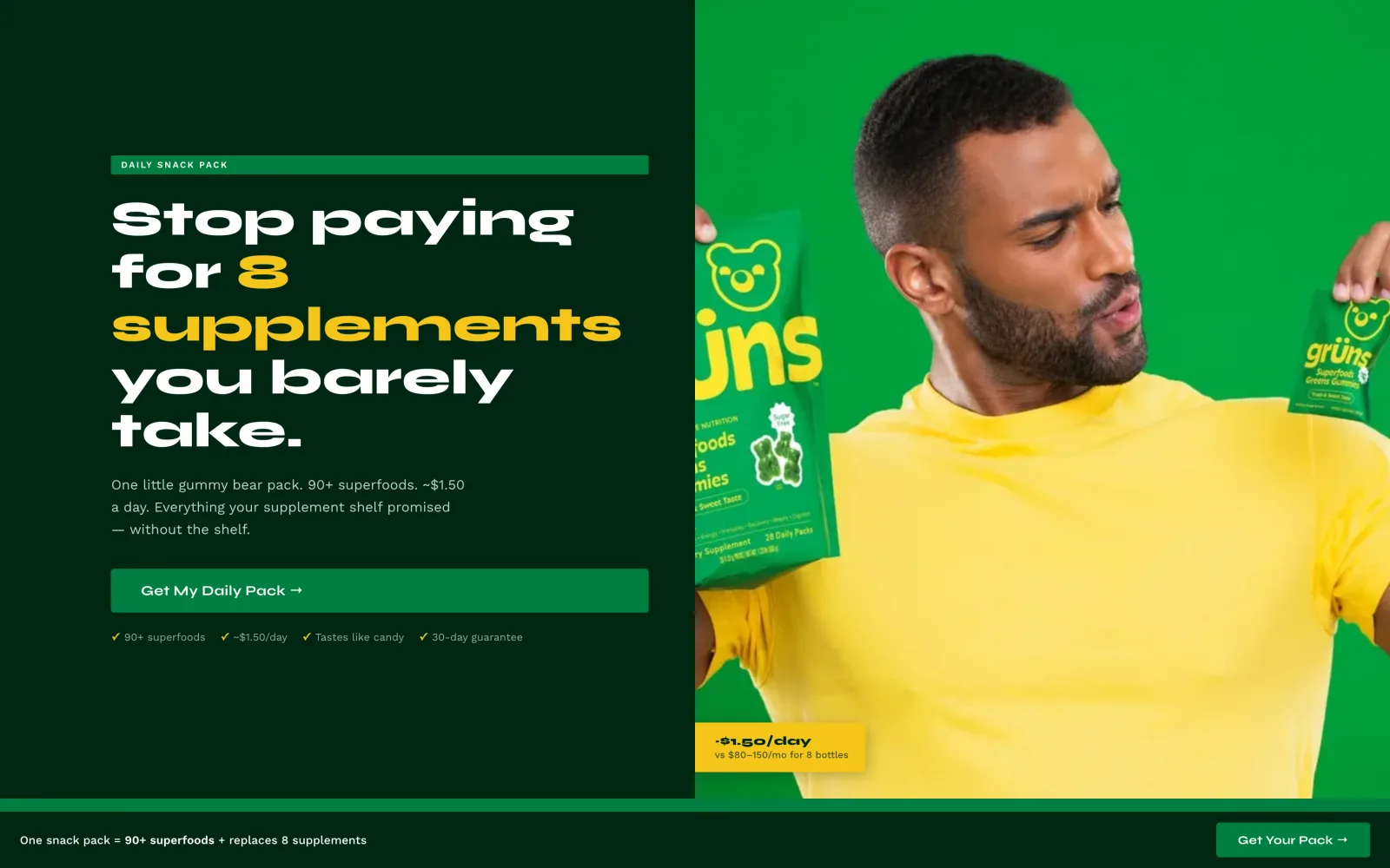 AI-generated Grüns product landing page with a bold headline, real product photos and a price comparison.