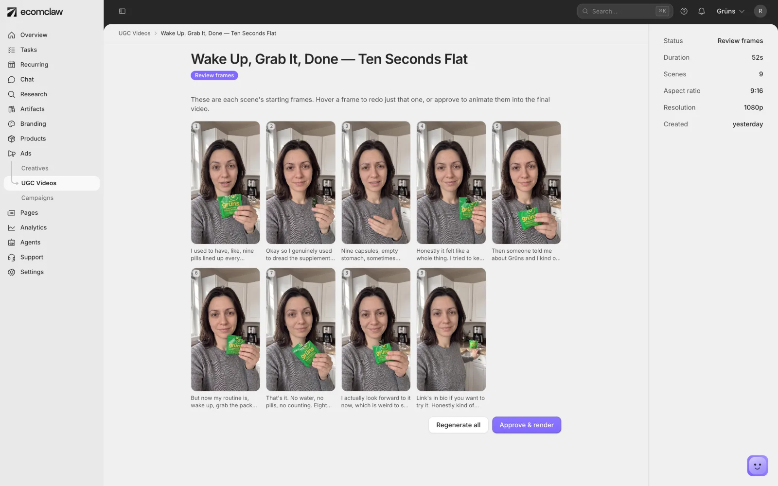 EcomClaw UGC video storyboard showing an AI creator holding the real Grüns product across nine scenes, each with its spoken line.