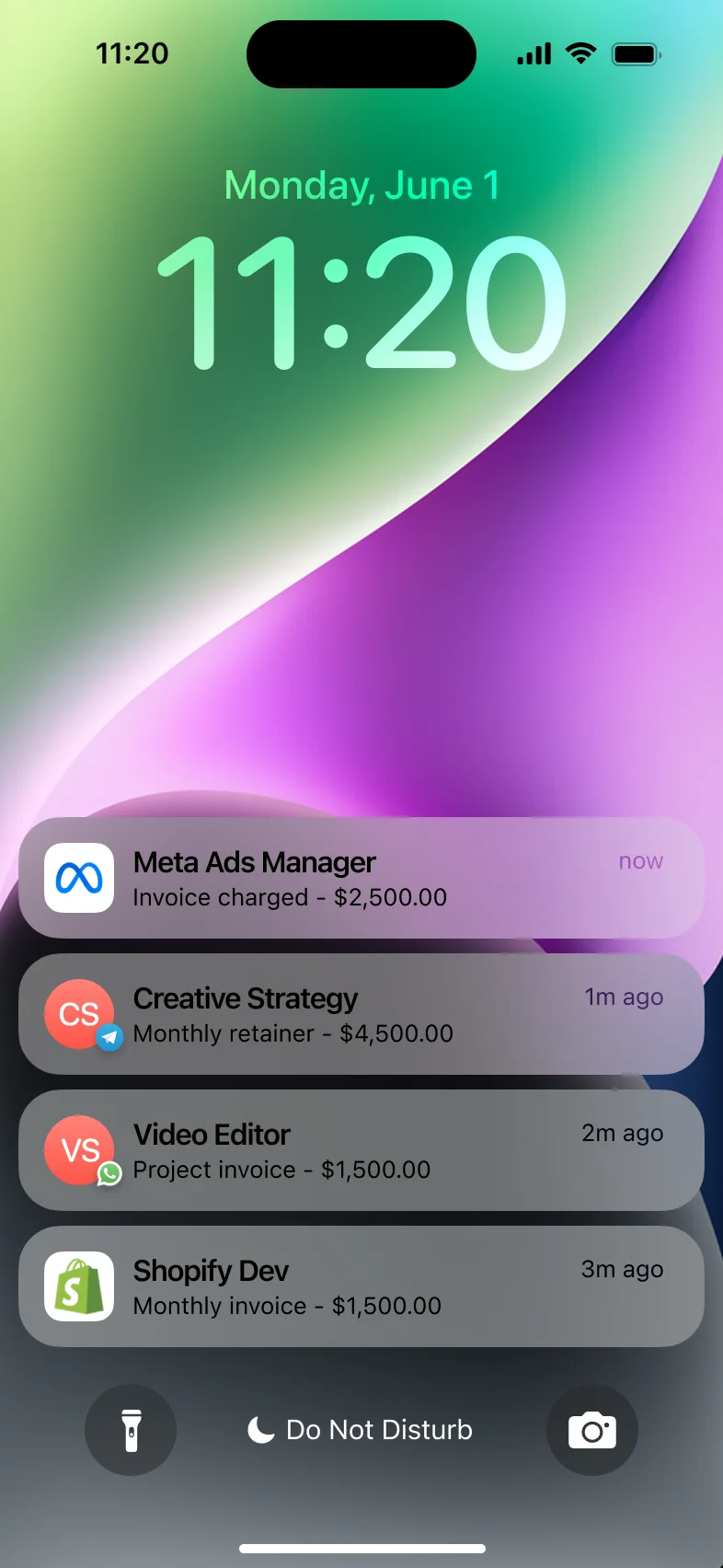EcomClaw notification stack showing agency and contractor invoices on a phone screen.